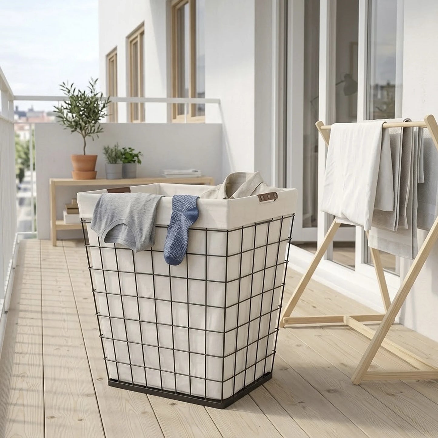 75L Rectangular Steel Wire Laundry Hamper with Removable Liner, Natural, Adult