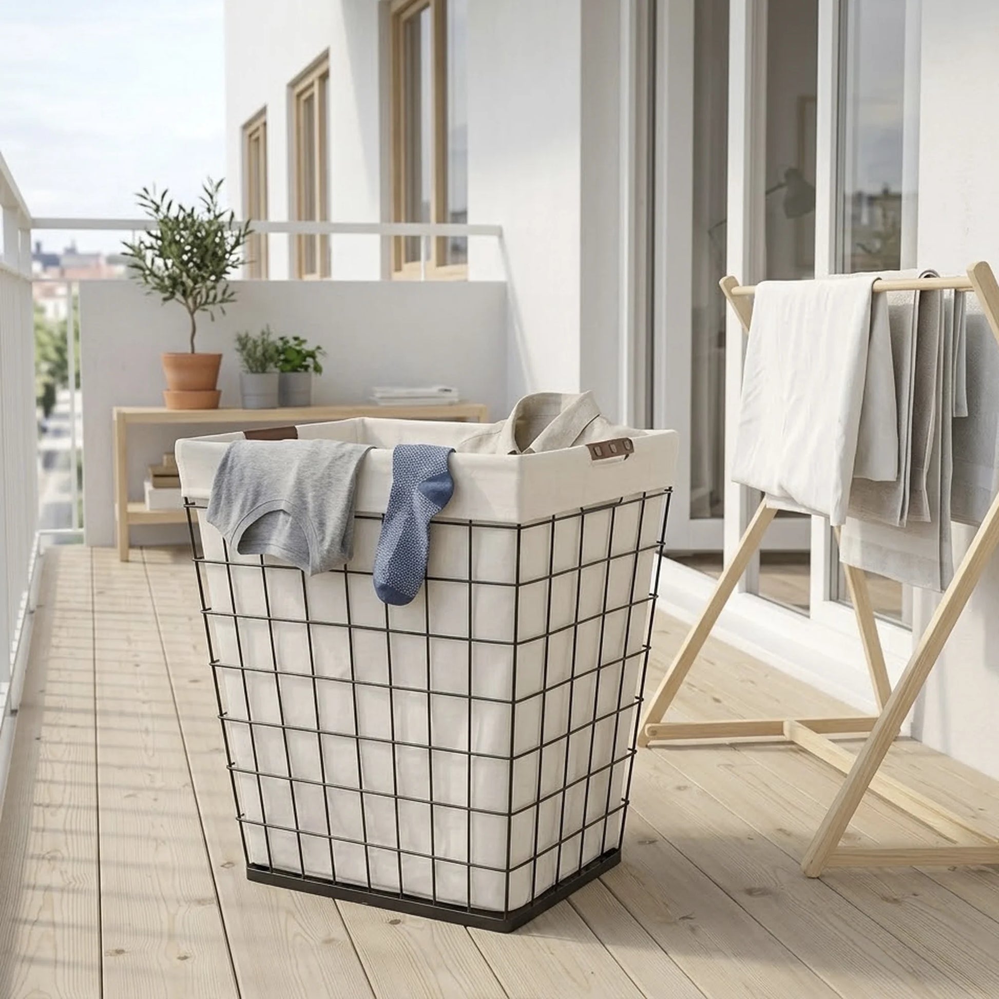 75L Rectangular Steel Wire Laundry Hamper with Removable Liner, Natural, Adult