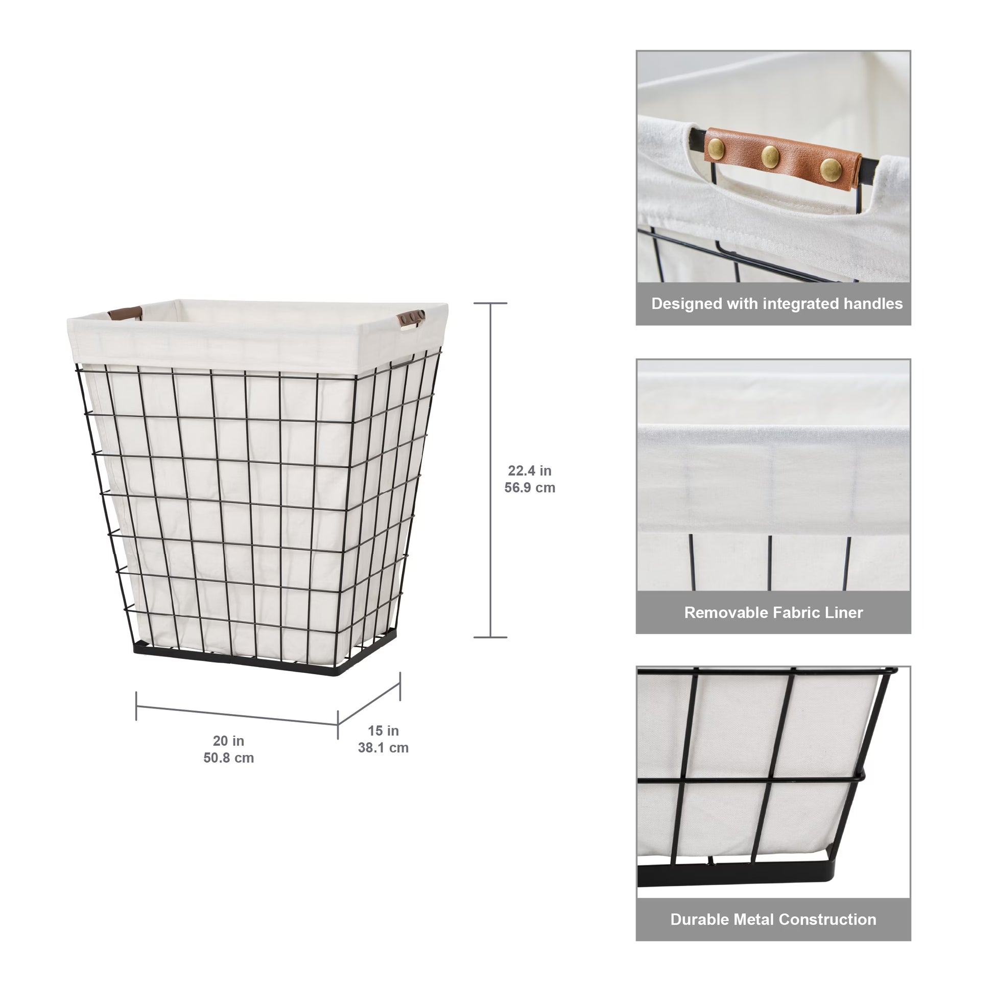 75L Rectangular Steel Wire Laundry Hamper with Removable Liner, Natural, Adult