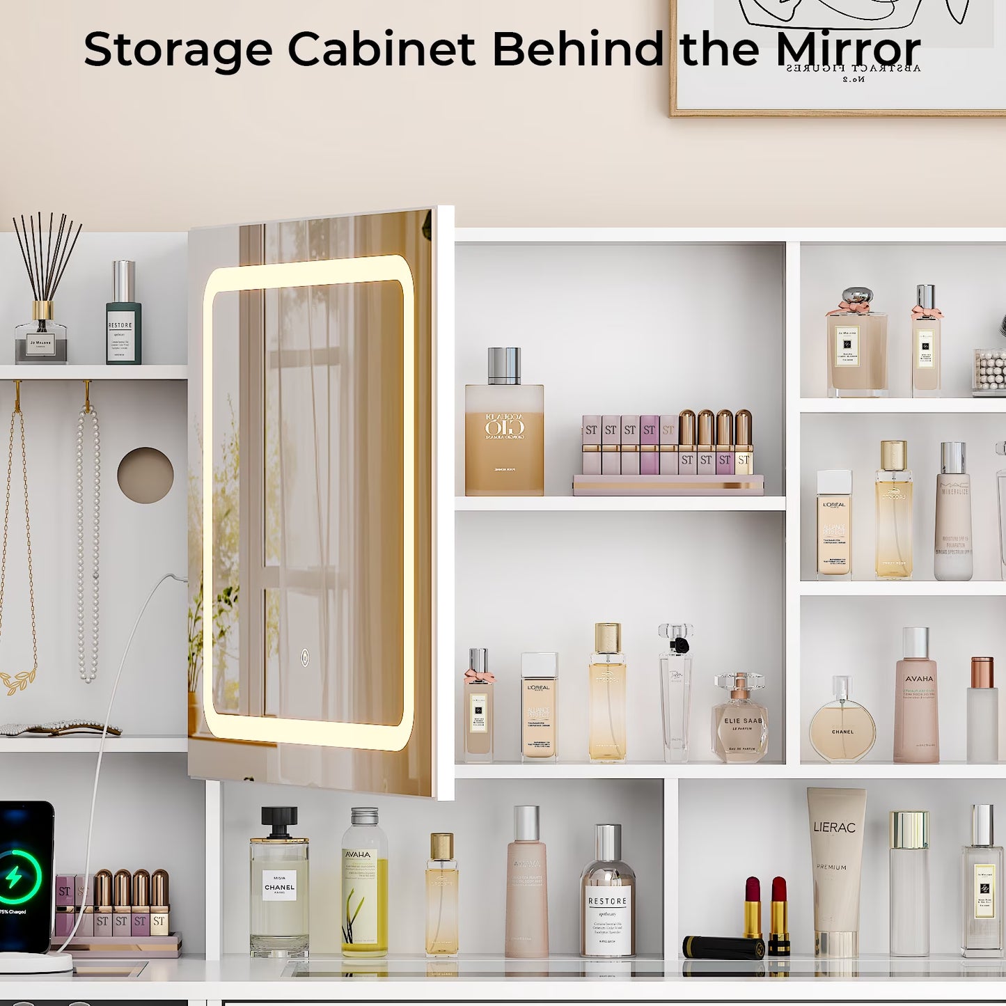 Large 47.2" Makeup Vanity with 3 Color Lights, Vanity Desk with USB Charging Station, Vanity Makeup Table with Visible Drawers, Hidden and Open Storage Shelves, White