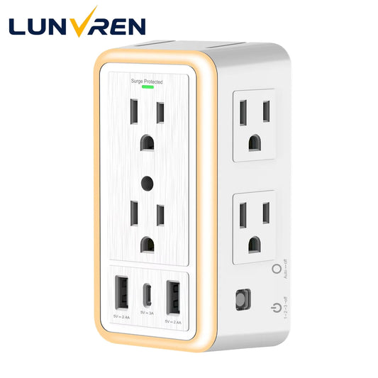 6-Outlet USB Wall Charger Extender – Surge Protected with USB-C, 3 USB Ports & Built-In Night Light